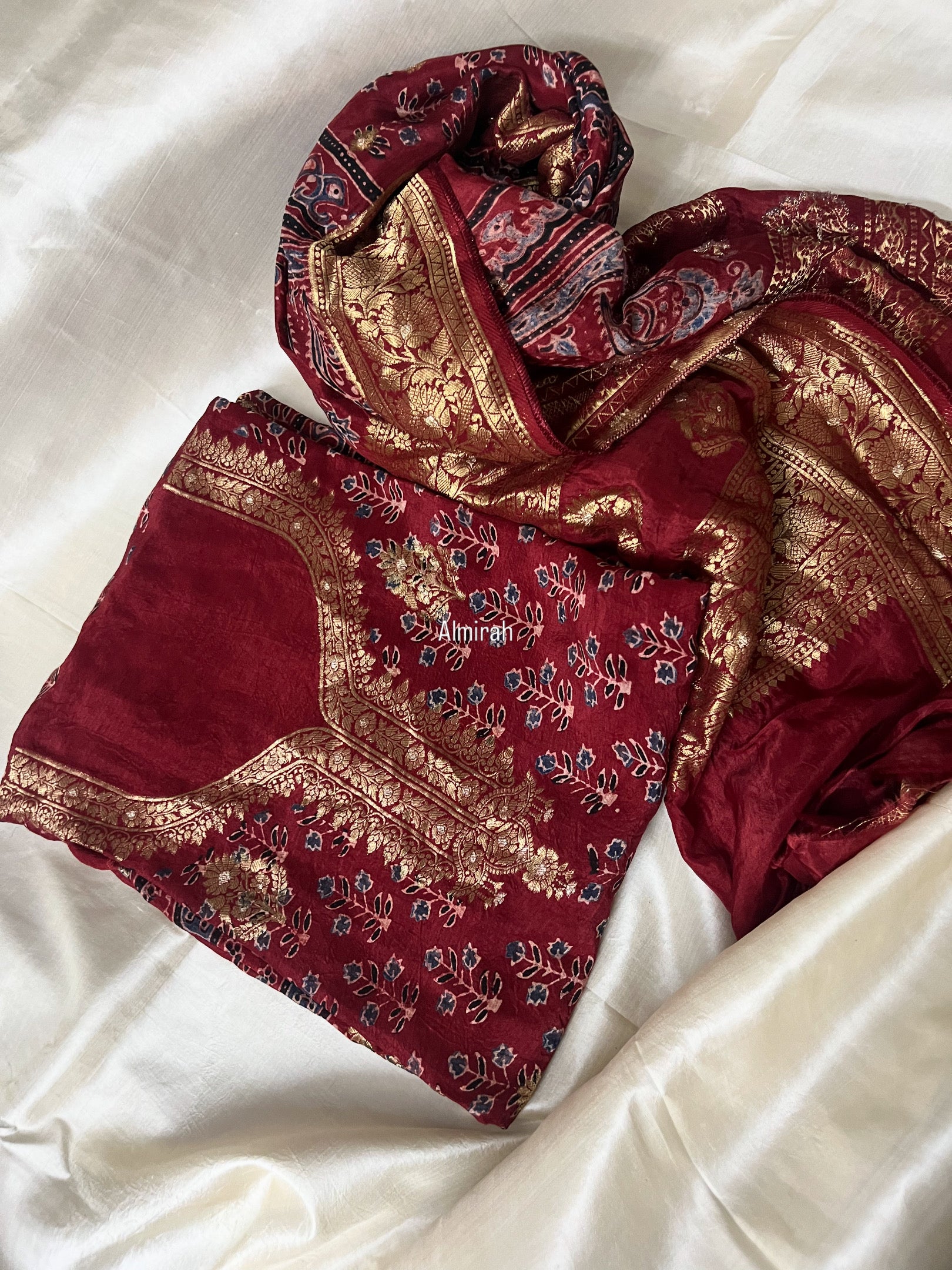 Red Ajrakh printed Dola silk 2pcs Suit