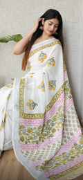 Hand Block Printed Cotton Linen Saree with Blouse