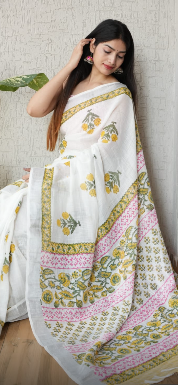 Hand Block Printed Cotton Linen Saree with Blouse