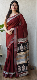 HAND BLOCK PRINTED COTTON LINEN SAREE WITH BLOUSE
