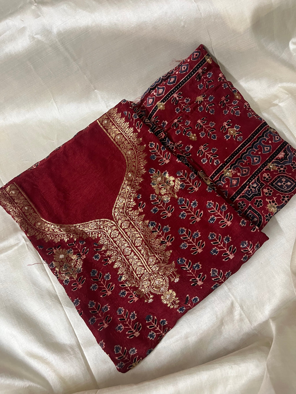 Red Ajrakh printed Dola silk 2pcs Suit
