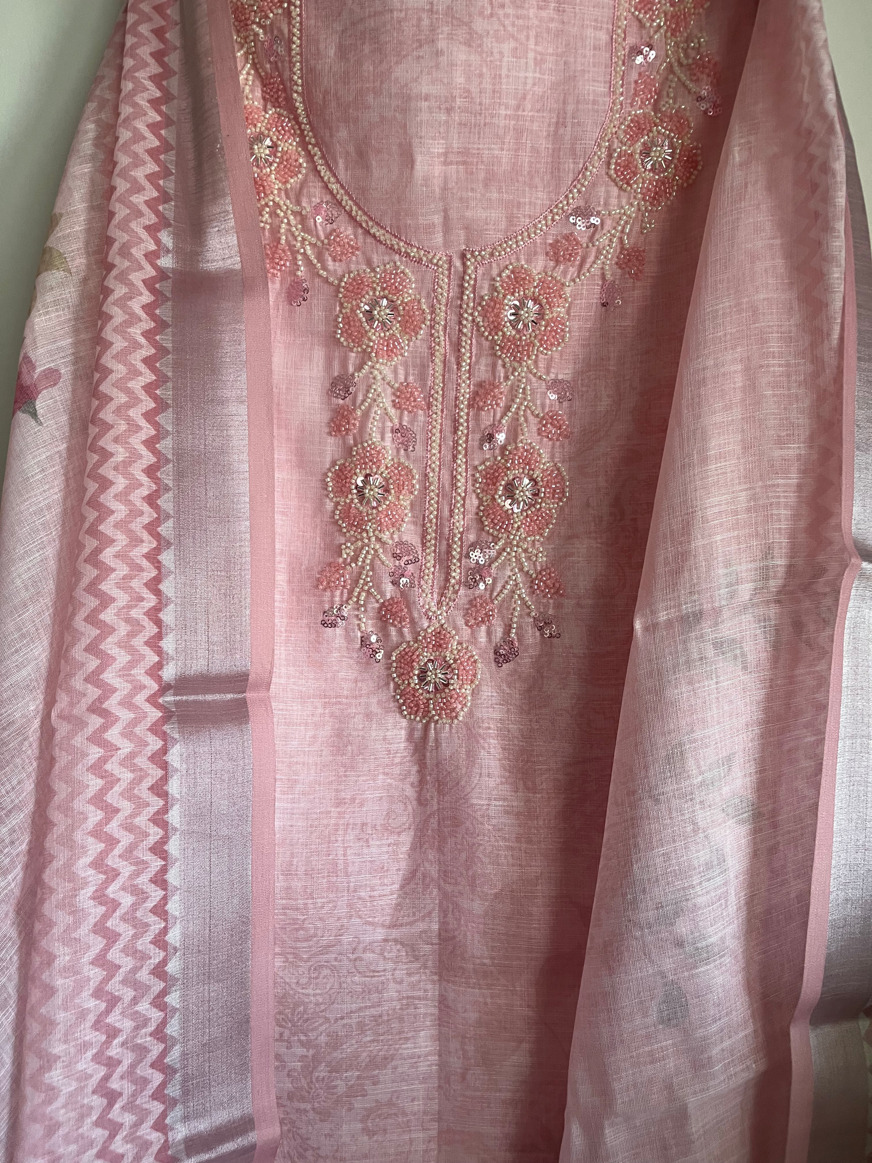 Exclusive Linen 3pcs Unstitched Suit with Beads work