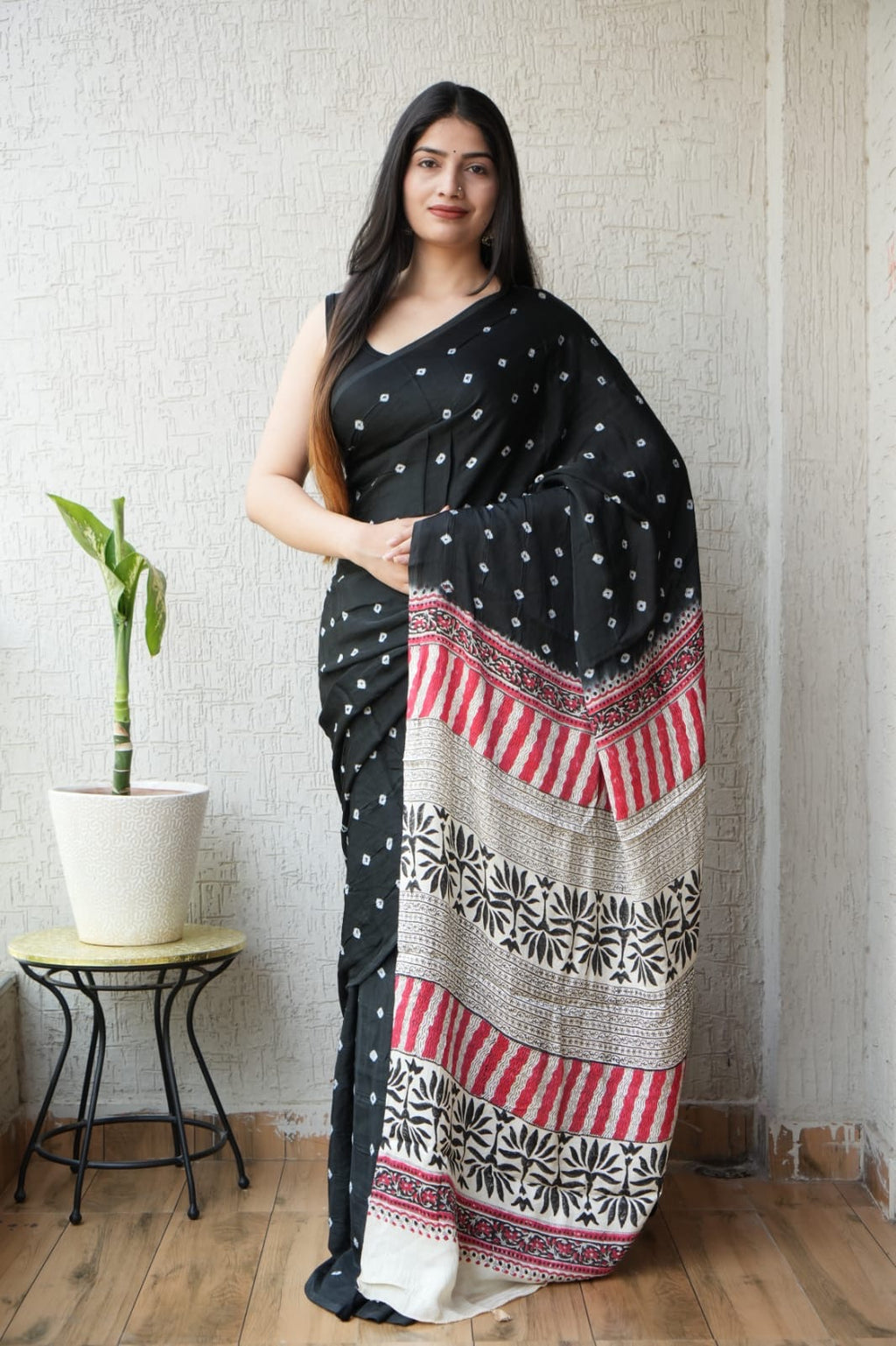 Handblock Ajrakh Bandhani Modal Saree