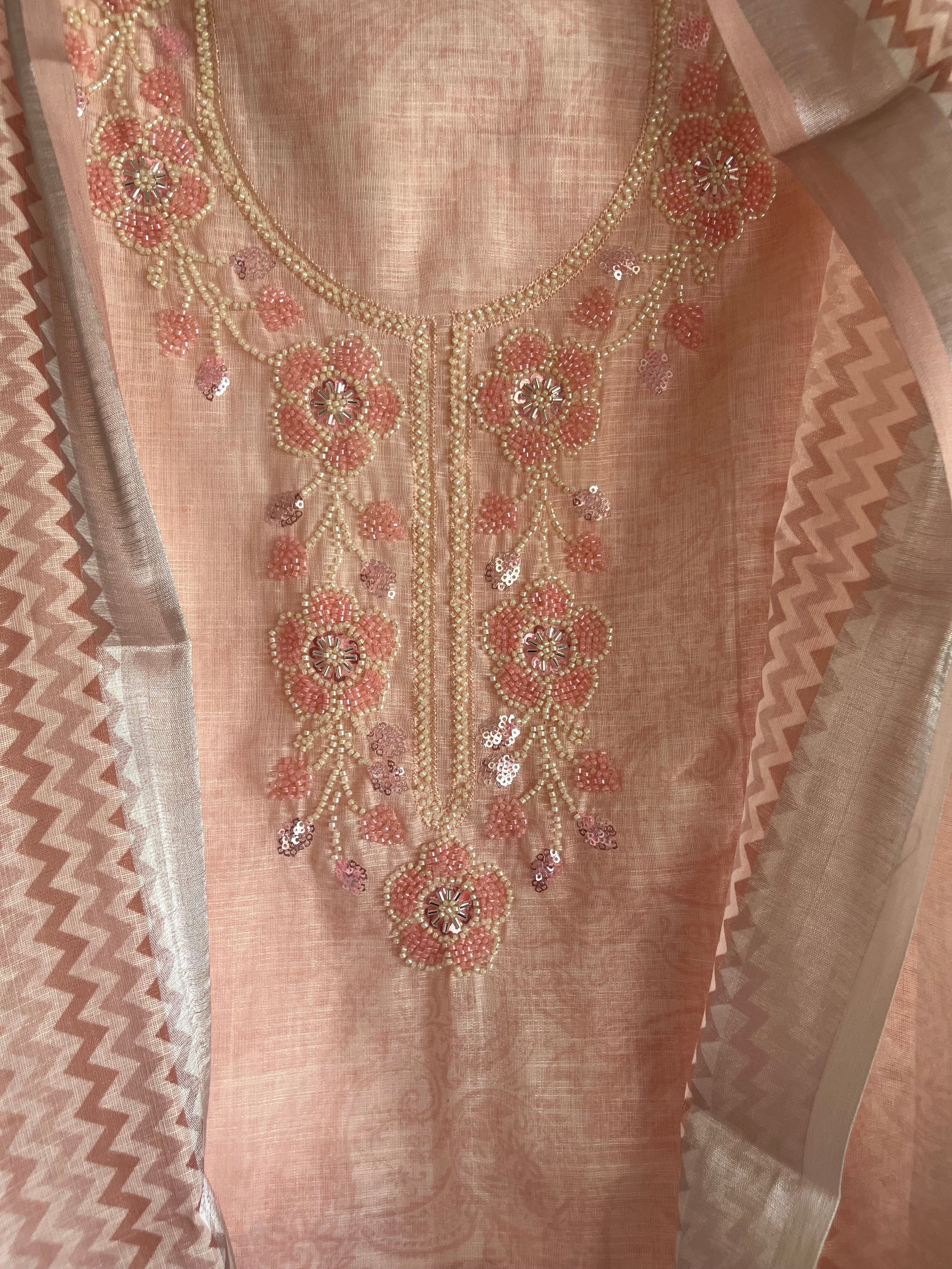 Exclusive Linen 3pcs Unstitched Suit with Beads Work