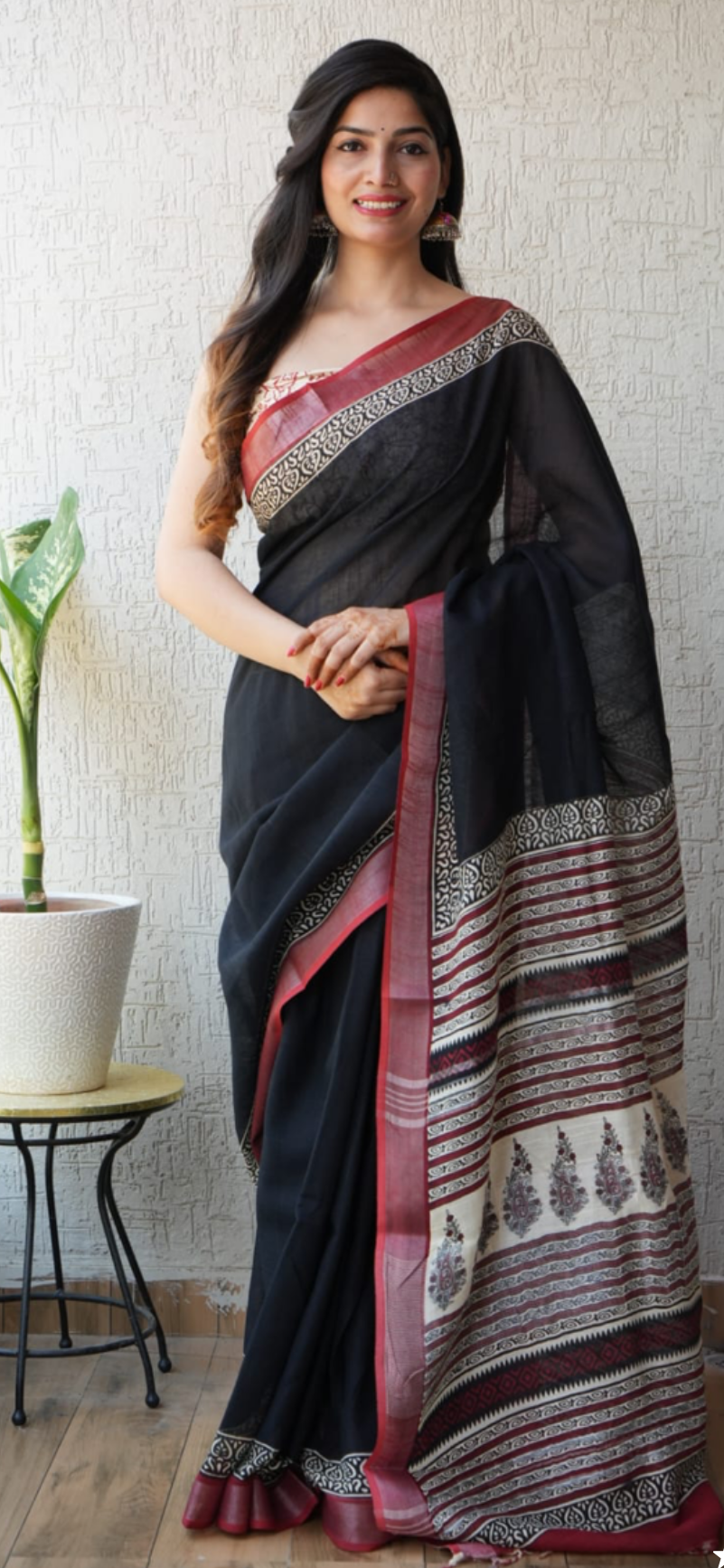 HAND BLOCK PRINTED COTTON LINEN SAREE WITH BLOUSE