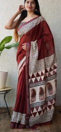 HAND BLOCK PRINTED COTTON LINEN SAREE WITH BLOUSE