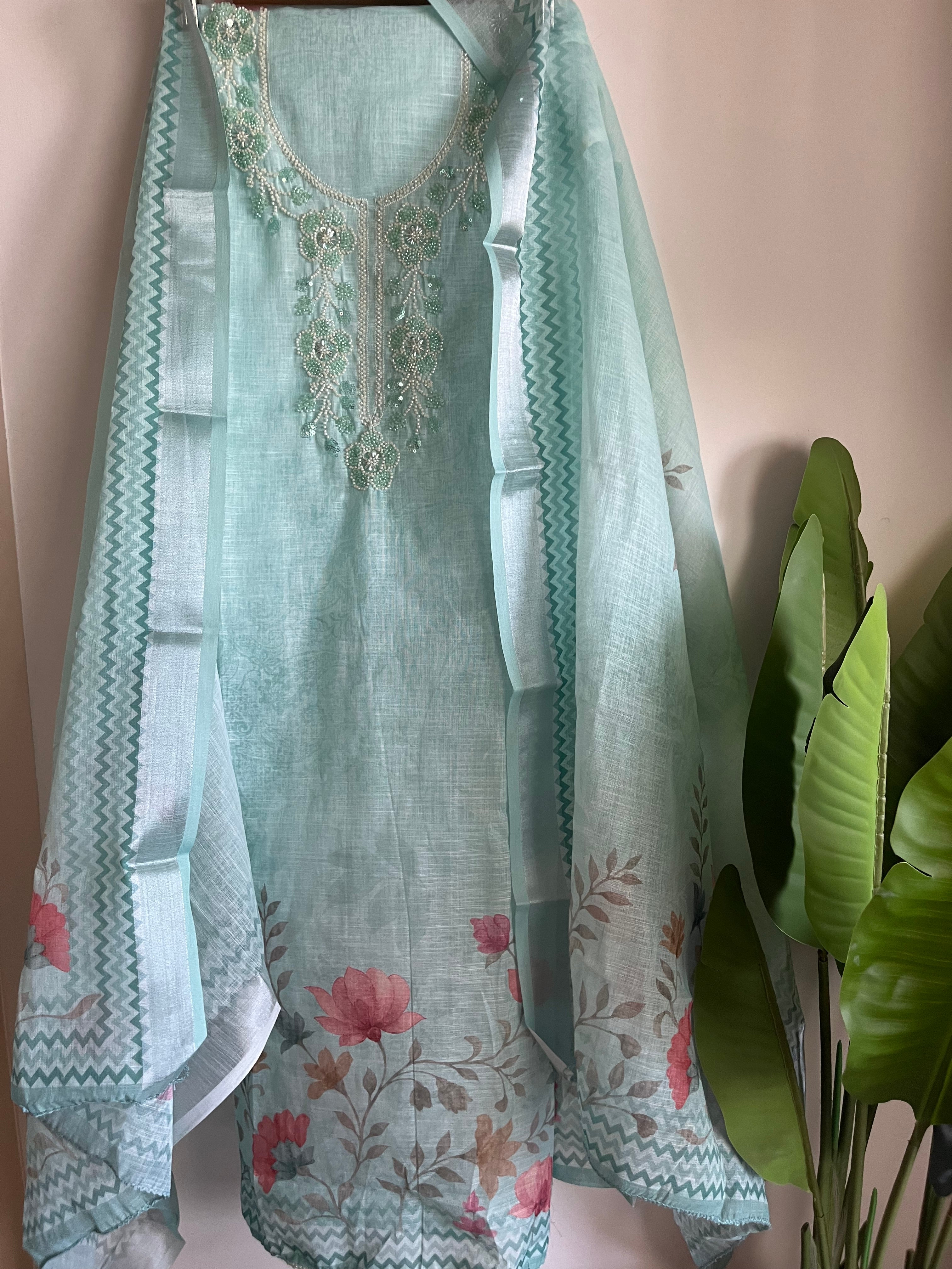 Exclusive Linen 3pcs Unstitched Suit with Beads Work
