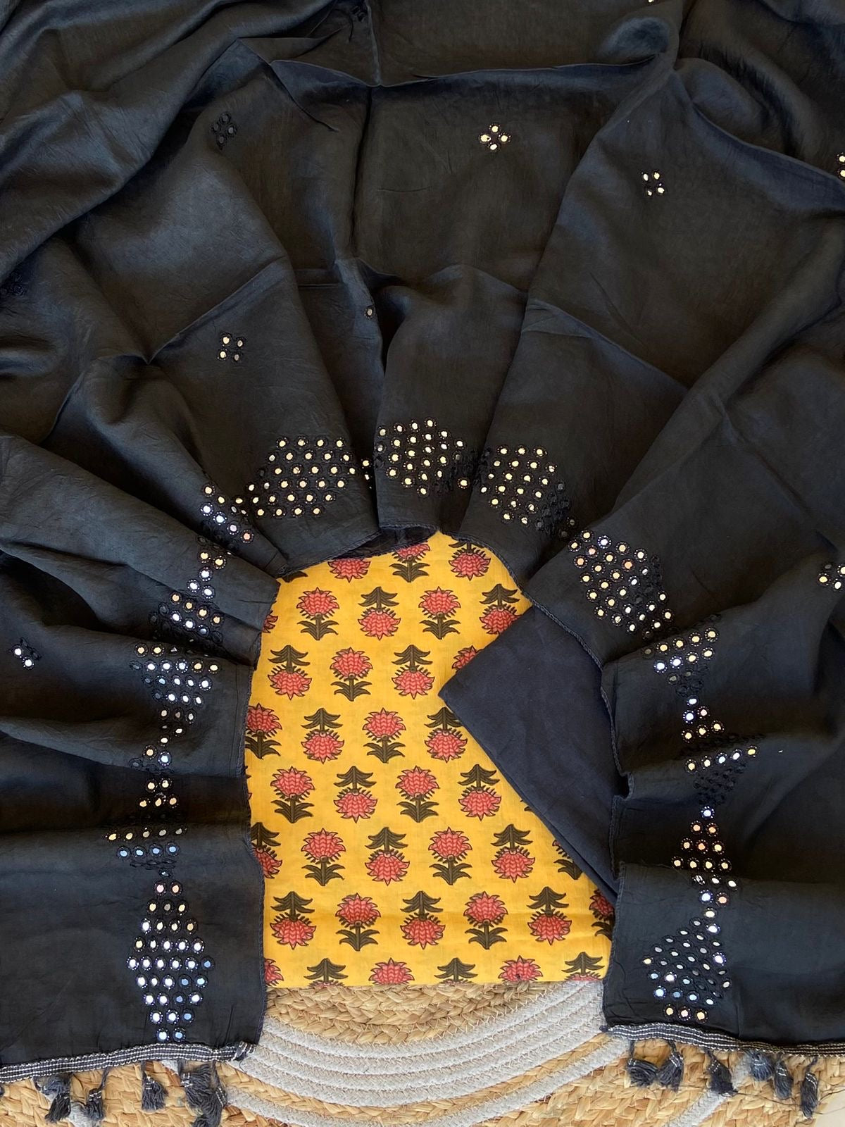 Cotton Printed Top |  Mirror Work Muslin Silk Dupatta With Tassels