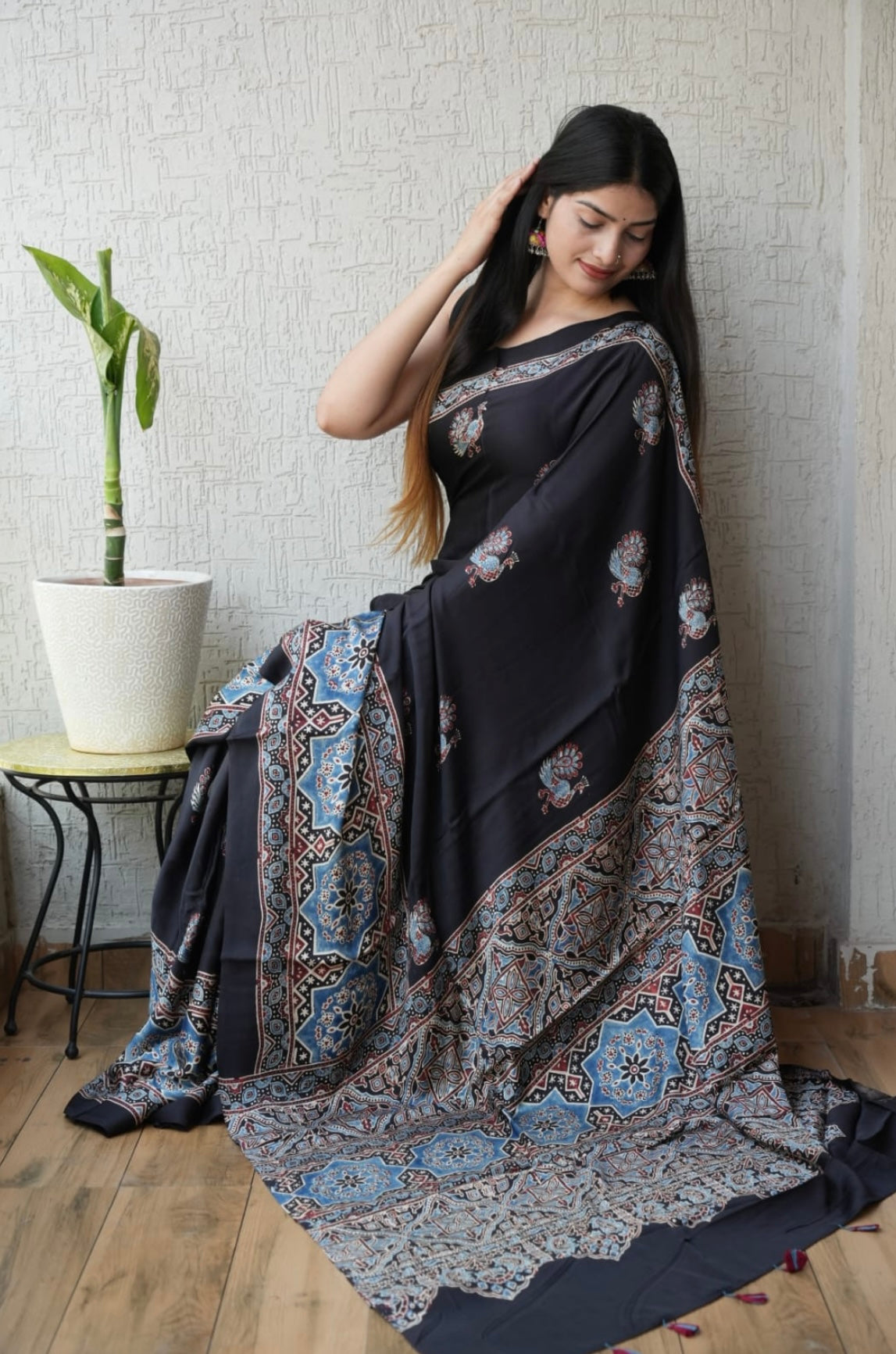 Handblock Ajrakh Printed Modal Saree