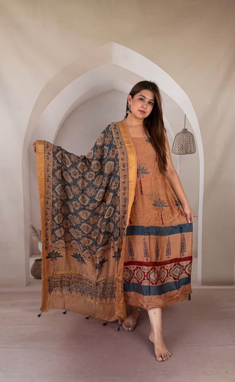 Pure Maheshwari Silk Ajrakh Printed 2pcs suit