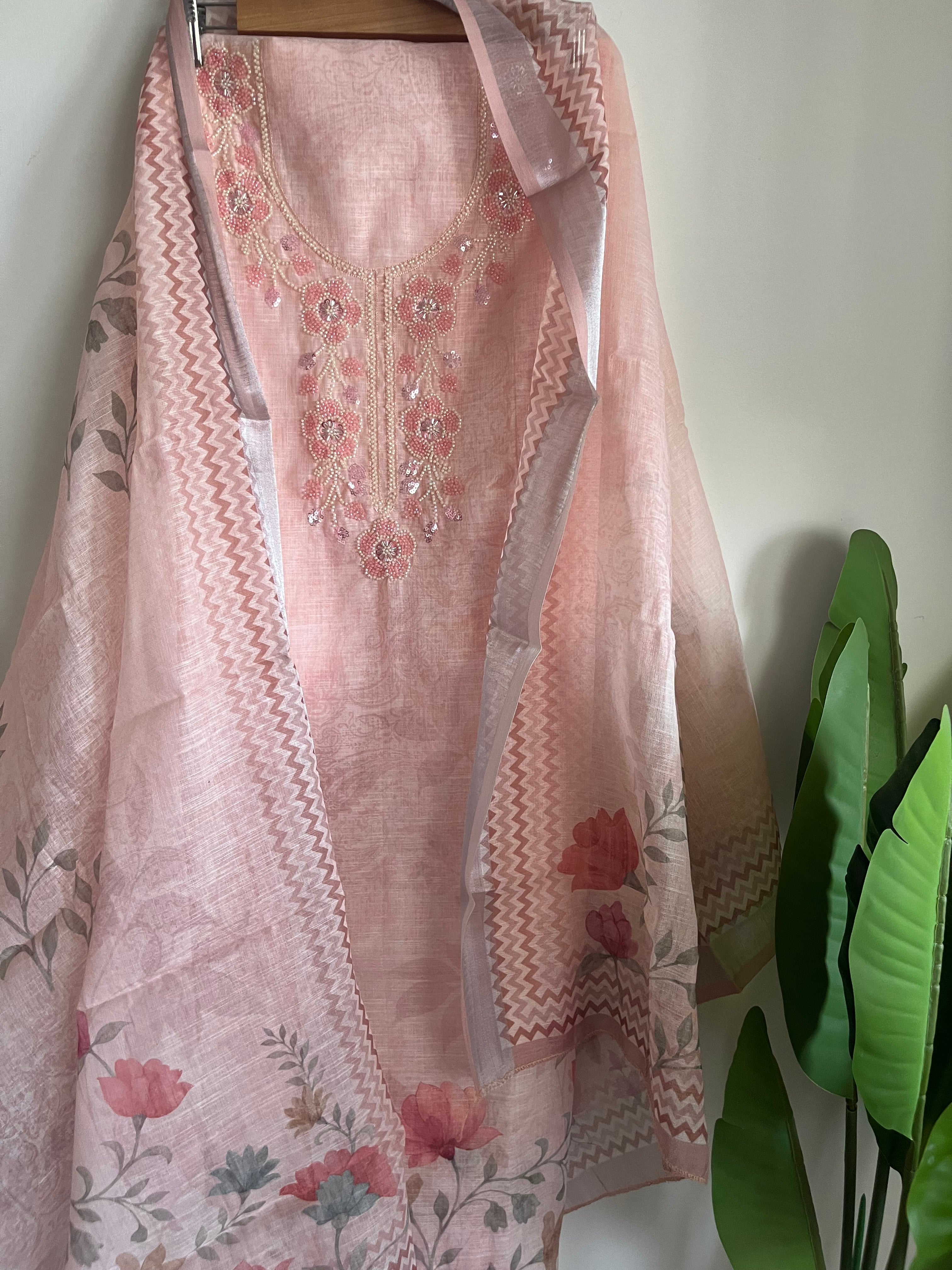 Exclusive Linen 3pcs Unstitched Suit with Beads Work