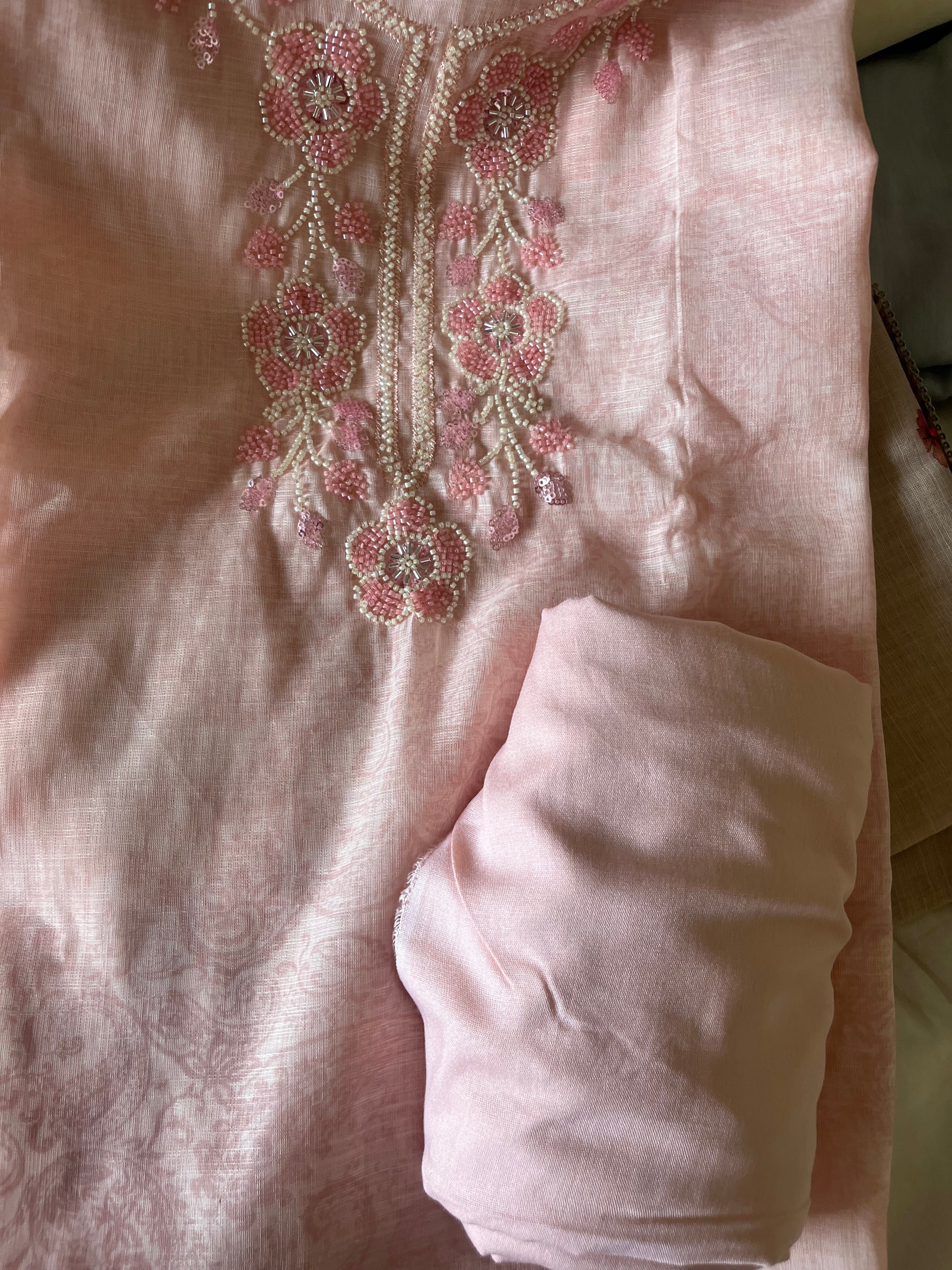 Exclusive Linen 3pcs Unstitched Suit with Beads Work