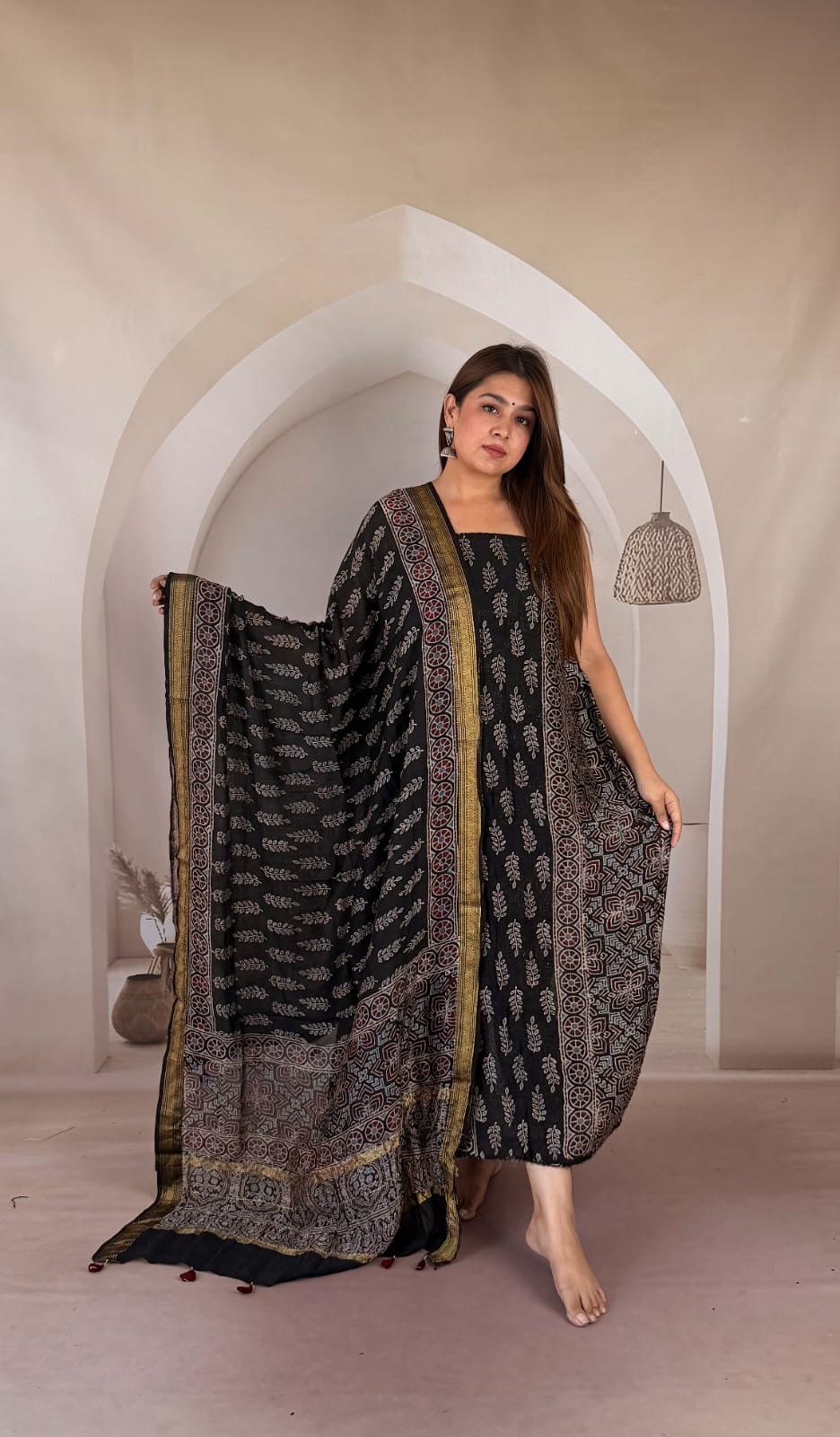 Pure Maheshwari Silk Ajrakh Printed 2pcs suit