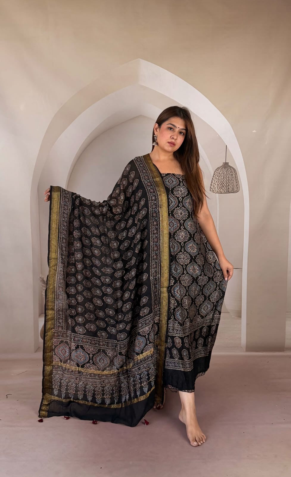 Pure Maheshwari Silk Ajrakh Printed 2pcs suit