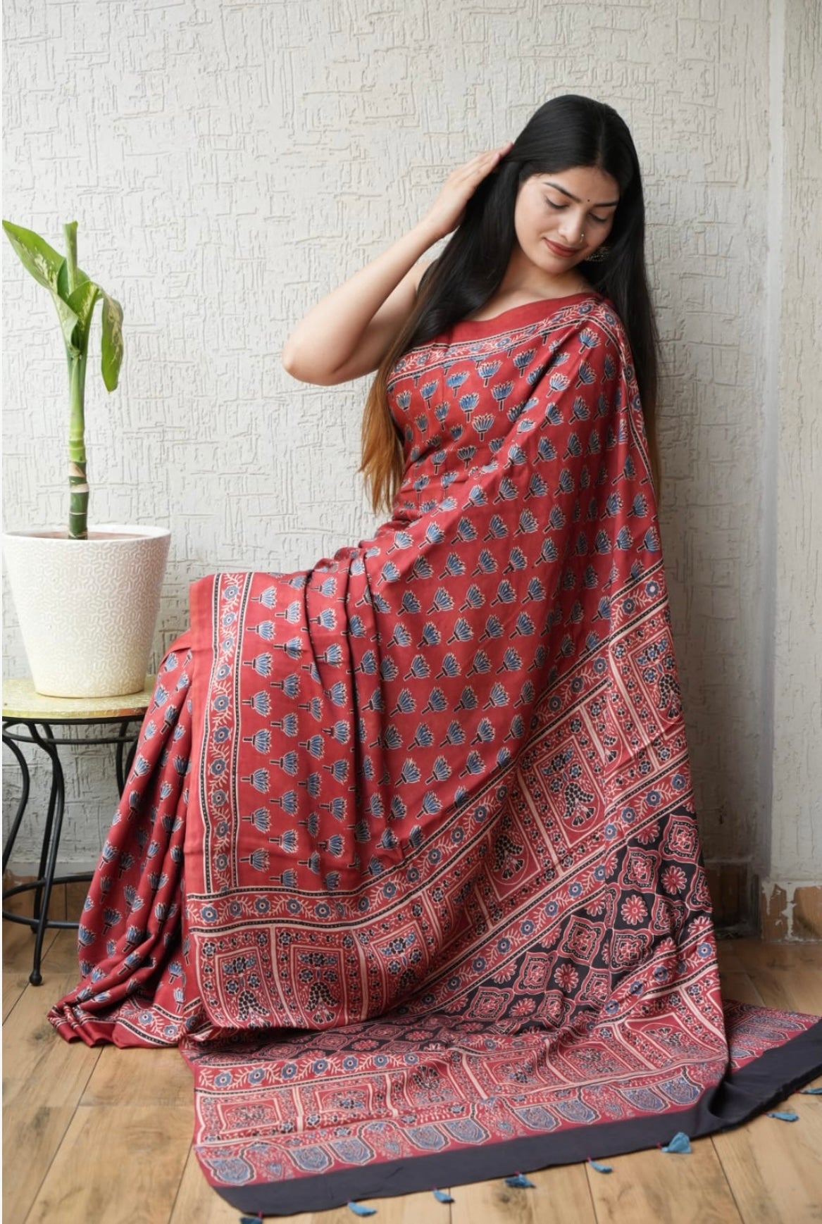 Handblock Ajrakh print Modal  saree