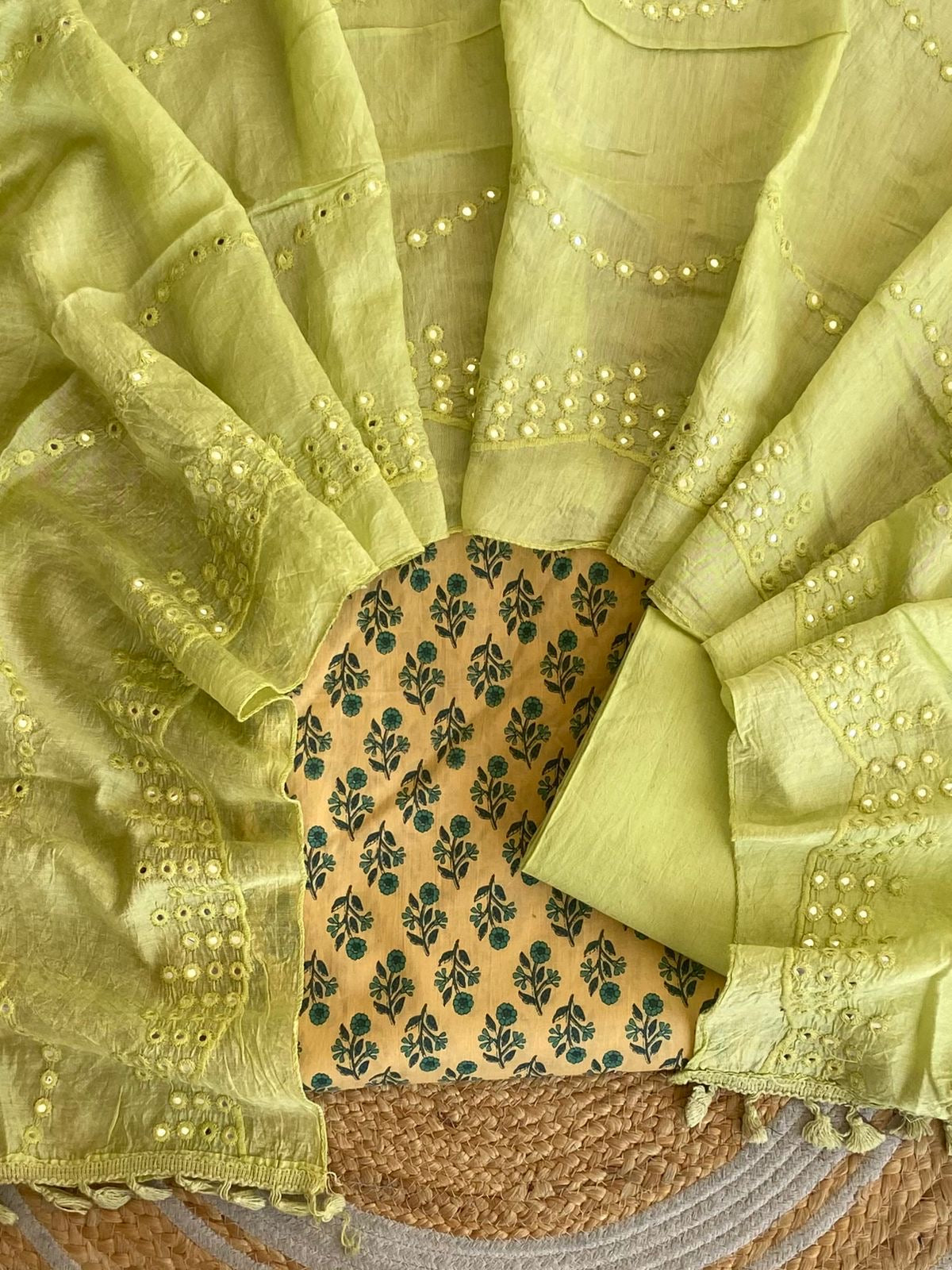 Cotton Printed Top |  Mirror Work Muslin Silk Dupatta With Tassels