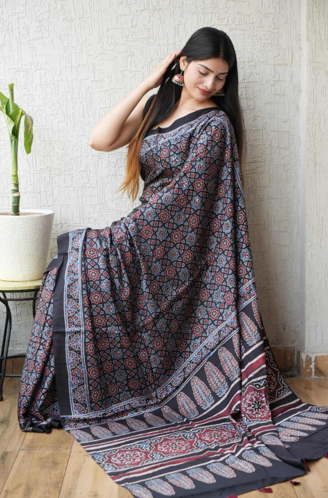 Handblock Ajrakh Printed Modal Silk Saree